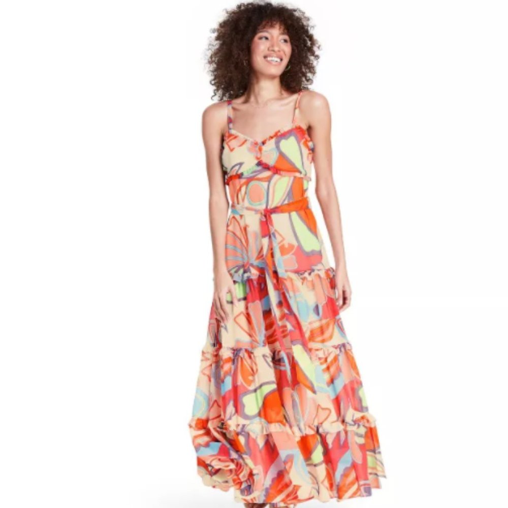 Mixed Floral Sleeveless Tiered Ruffle Dress